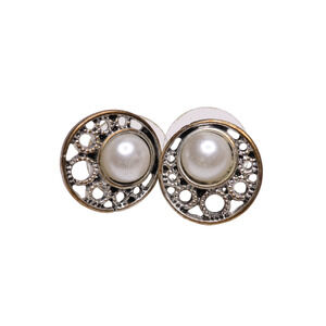 Faux Pearl Circles Push Back Stud Metal Earrings 1/2 Inches Long